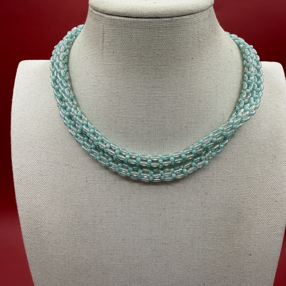 Mint Green Iridescent Multi Strand Seed Bead Necklace Vintage Boho Statement
